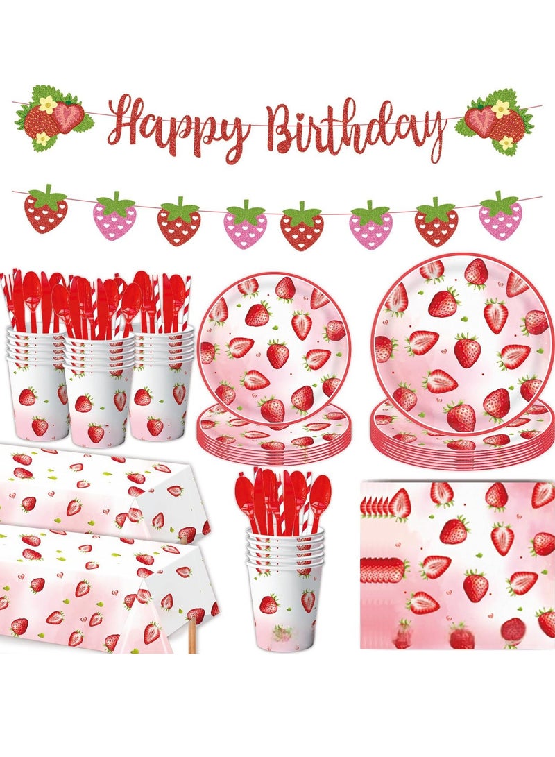 Summer Strawberry Party Tableware Set – 146-Piece Disposable Tableware with Plates, Cups, Napkins, Cutlery, Balloons Decorations  - Image 1