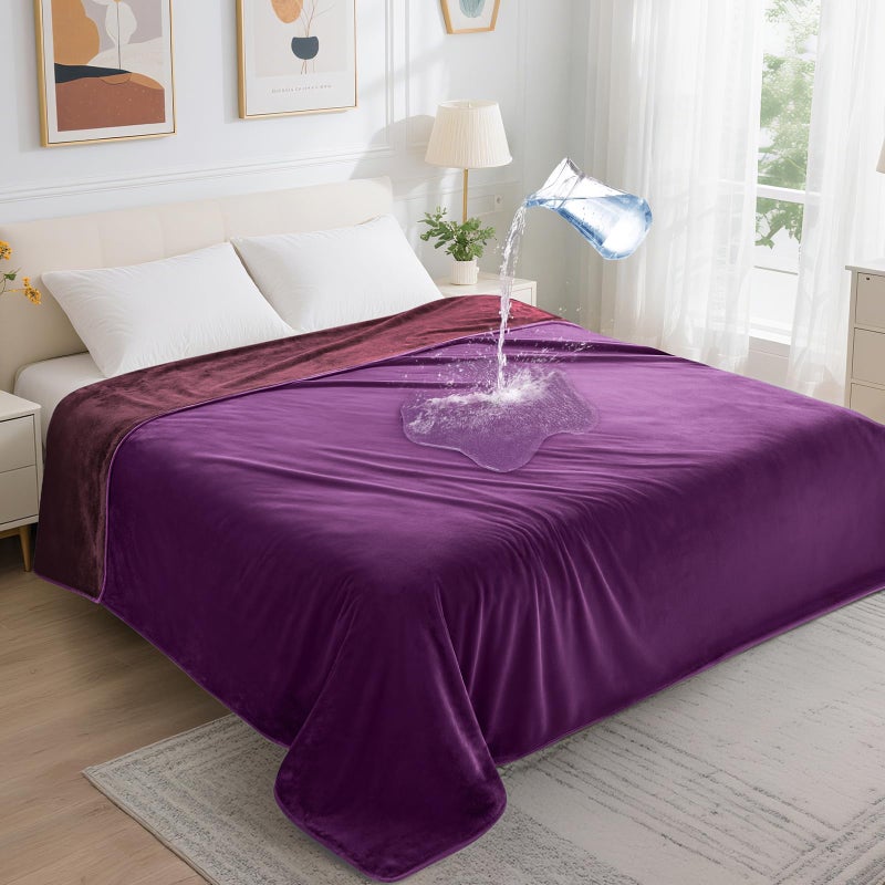 LOOBANI Waterproof Blanket for Bed: Reversible Soft Flannel Twin Bed Blanket 60" x 80", Leakproof Throw Spill-Proof Dog Pet Blanket for Couch, Sofa Protect, Movie Time, Camping, Travel, Purple - Image 1