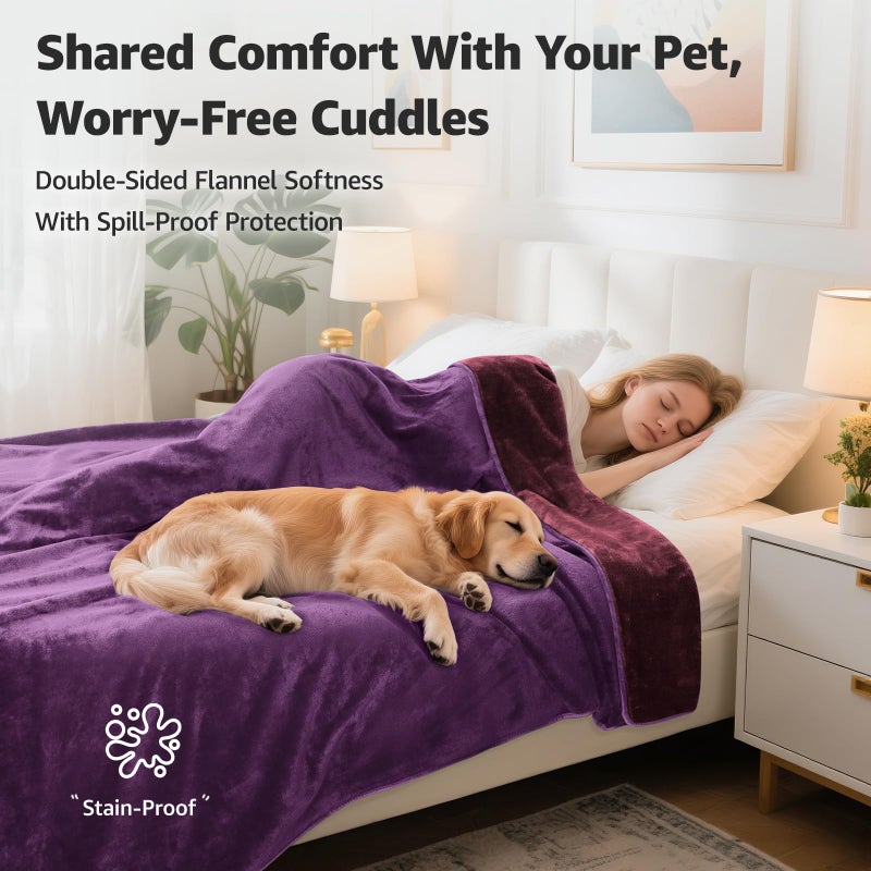 LOOBANI Waterproof Blanket for Bed: Reversible Soft Flannel Twin Bed Blanket 60" x 80", Leakproof Throw Spill-Proof Dog Pet Blanket for Couch, Sofa Protect, Movie Time, Camping, Travel, Purple - Image 2