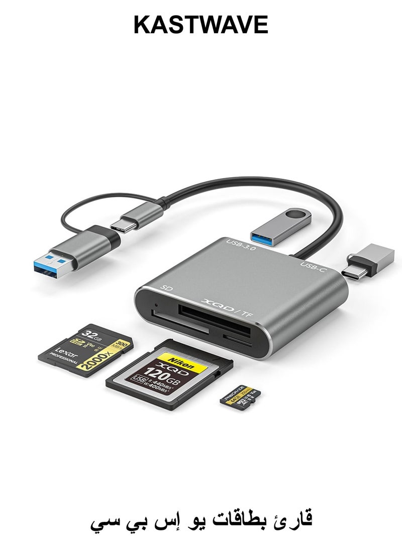 KASTWAVE 5-IN-1 XQD Card Reader USB C, SD/TF Dual-Slot Multiport External Card Reader USB Hub Compatible for Type-C Laptop, Support Windows/Mac OS/Android (10Gbps) - Image 1