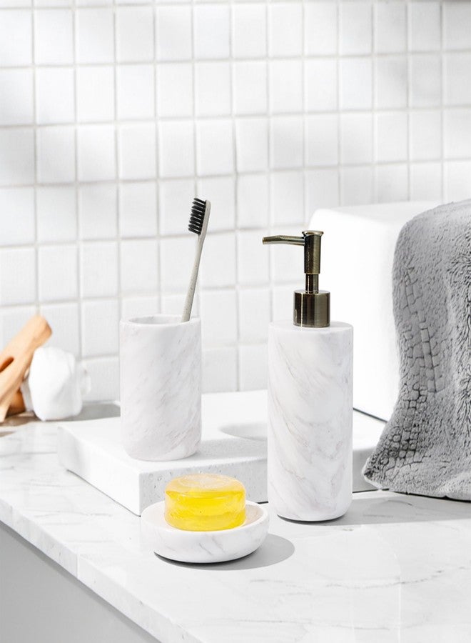 WORHE Bathroom Accessories Set Italy Natural Marble Bathroom Decor Set 3-Piece Bath Accessory Kit with Toothbrush Holder Liquid Soap Dispenser and Sponge Dish Tray Set Color White (WH054) - Image 2