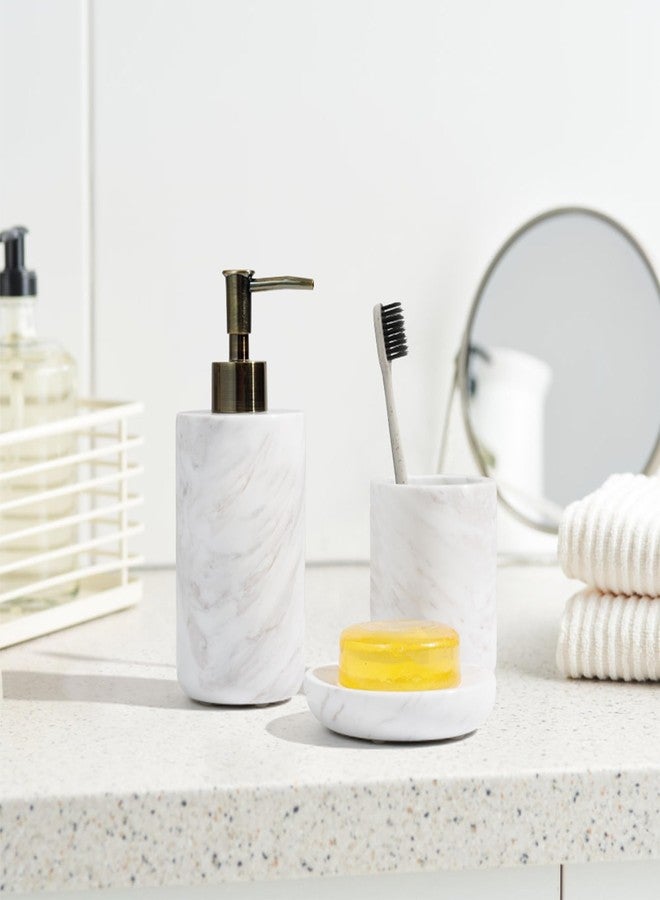 WORHE Bathroom Accessories Set Italy Natural Marble Bathroom Decor Set 3-Piece Bath Accessory Kit with Toothbrush Holder Liquid Soap Dispenser and Sponge Dish Tray Set Color White (WH054) - Image 5