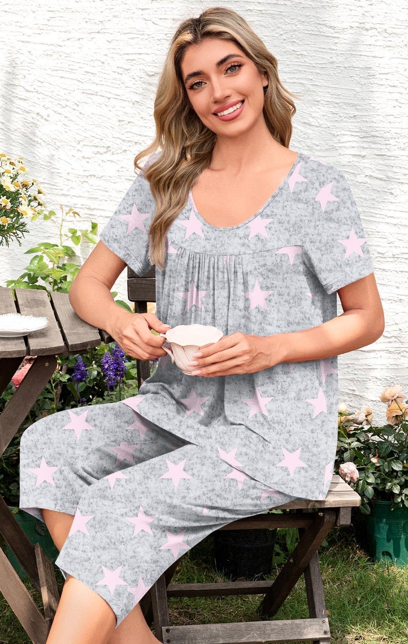 POPYOUNG Womens Pajama Sets Summer Ladies Pjs 2 Piece Loungewear Capri with Pockets Sleepwear L, Fl Pink Star - Image 2