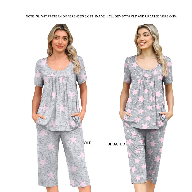 POPYOUNG Womens Pajama Sets Summer Ladies Pjs 2 Piece Loungewear Capri with Pockets Sleepwear L, Fl Pink Star - Image 3