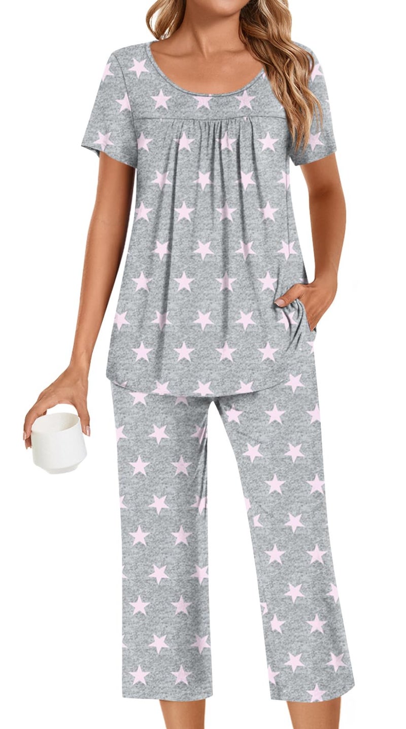 POPYOUNG Womens Pajama Sets Summer Ladies Pjs 2 Piece Loungewear Capri with Pockets Sleepwear L, Fl Pink Star - Image 1