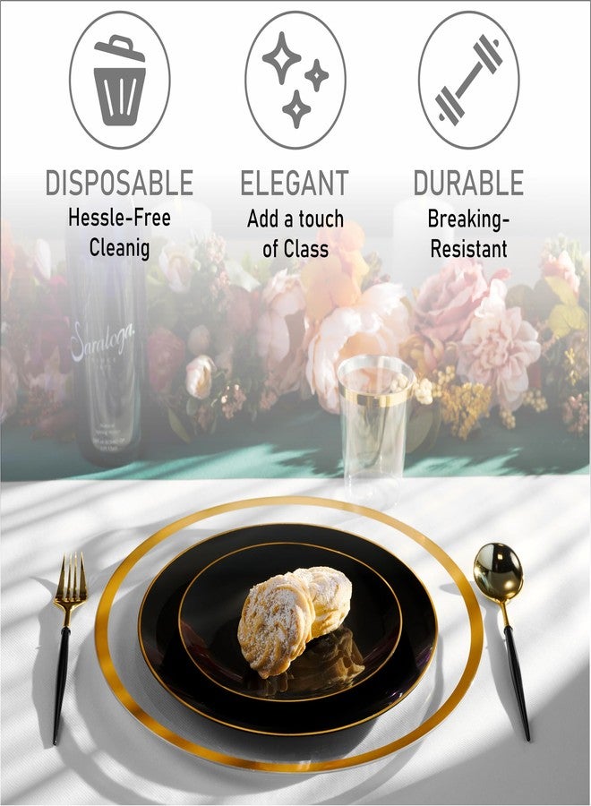 BloominGoods 100 PCS Disposable Black Plates Combo - 50 7.5 In. Gold Rim Appetizer And 50 10 In. Dinner Plates - Heavy Duty Plates For Wedding, Parties Or Catering - Image 5