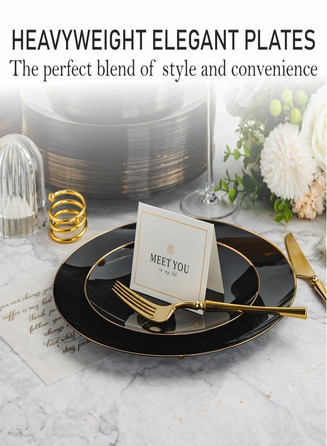 BloominGoods 100 PCS Disposable Black Plates Combo - 50 7.5 In. Gold Rim Appetizer And 50 10 In. Dinner Plates - Heavy Duty Plates For Wedding, Parties Or Catering - Image 2