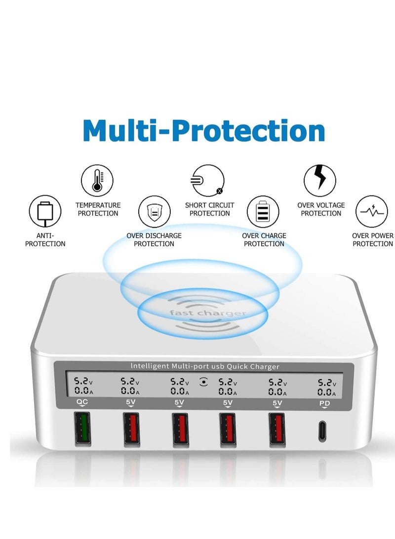 USB fast charger multi port 100w 6 Port USB fast charging station, fuhaoxan fast charging 3.0 QC 3.0 and PD speed charger, maximum wireless charging 10W, suitable for iPhone XS - Image 4