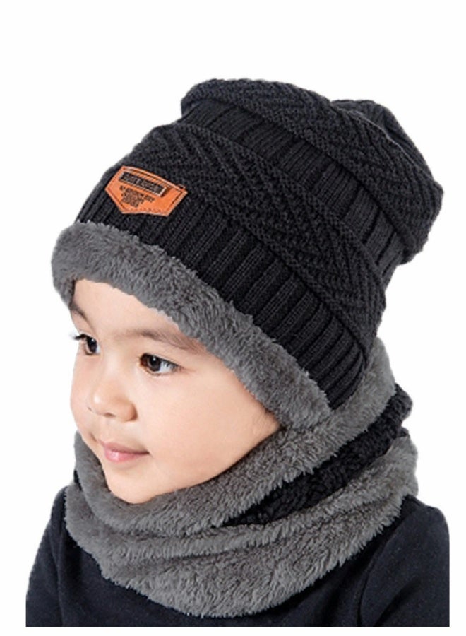 Generic Winter Kids Beanie Hat and Scarf Set - 2-Piece Knit Warmth for Toddlers (Ages 1-6) - Thick Fleece Lined, Stylish Black Beanie and Scarf for Boys and Girls - Image 1