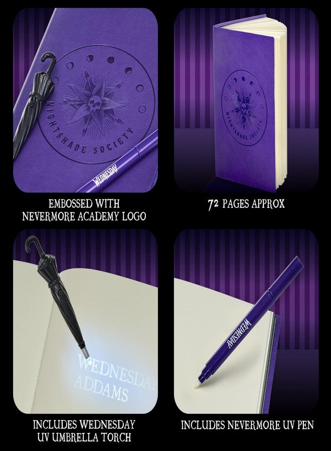 WOW! STUFF: Wednesday Secret Reveal Journal Set - Purple Nightshade Society Notebook Diary, Invisible Ink Pen & UV Umbrella Torch, Nevermore, Kids 8+ - Image 5