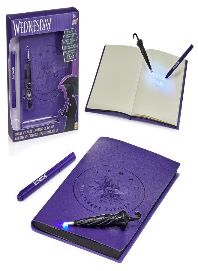 WOW! STUFF: Wednesday Secret Reveal Journal Set - Purple Nightshade Society Notebook Diary, Invisible Ink Pen & UV Umbrella Torch, Nevermore, Kids 8+ - Image 1