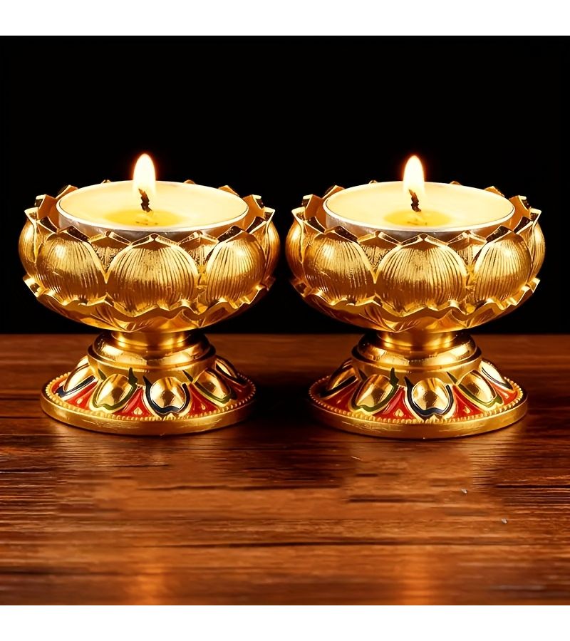 2pcs Golden Vintage Metal Lotus Candleholder Elegant Flower Shape Polished Sturdy Table Centerpiece Suitable For Weddings Diwali Yoga - Image 1