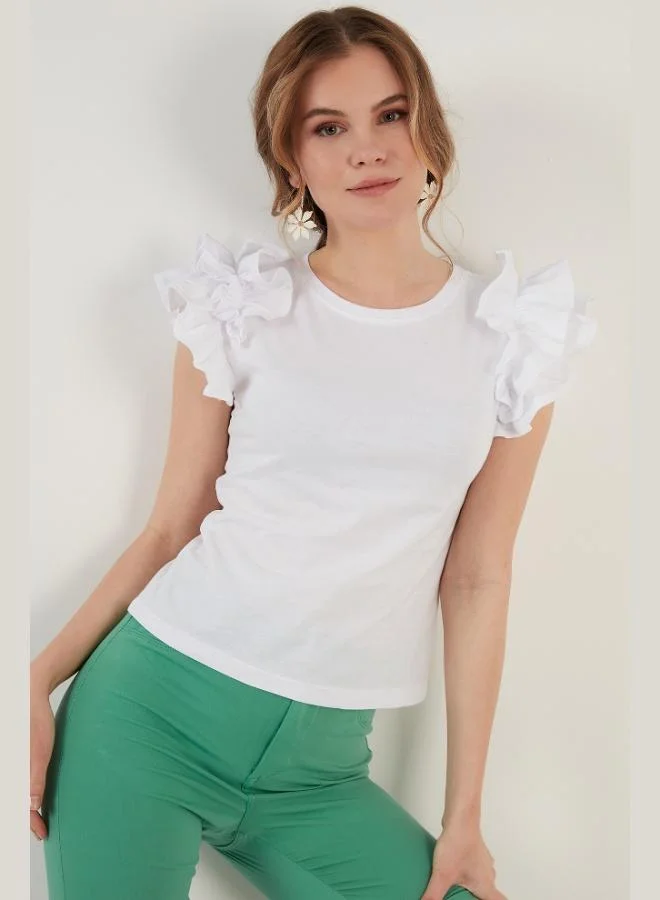 Lela Lela Cotton Slim Fit Crew Neck T-Shirt with Ruffled Sleeves Women's T-Shirt 5864500