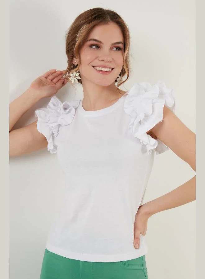 Lela Lela Cotton Slim Fit Crew Neck T-Shirt with Ruffled Sleeves Women's T-Shirt 5864500