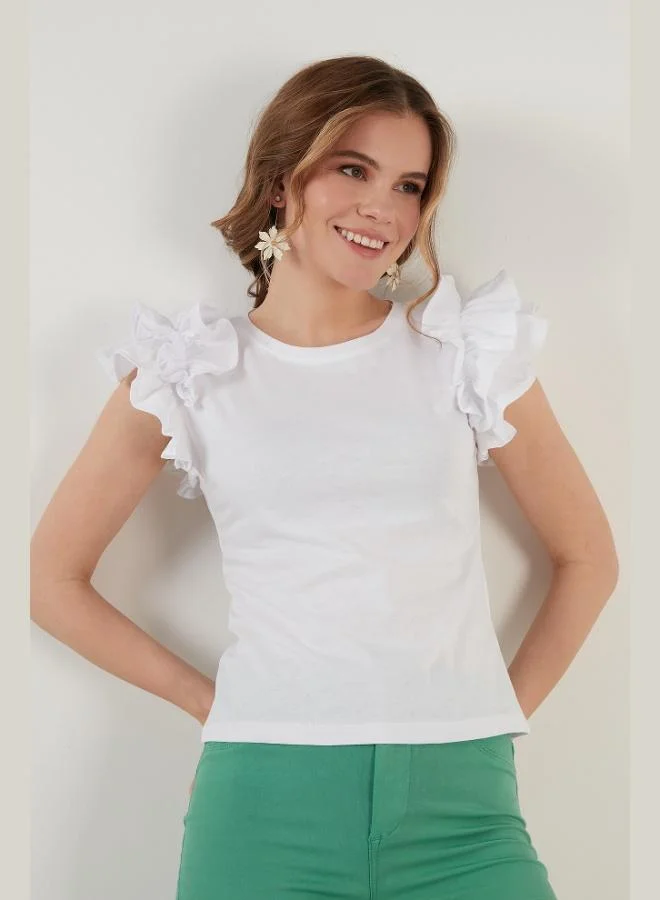 Lela Lela Cotton Slim Fit Crew Neck T-Shirt with Ruffled Sleeves Women's T-Shirt 5864500