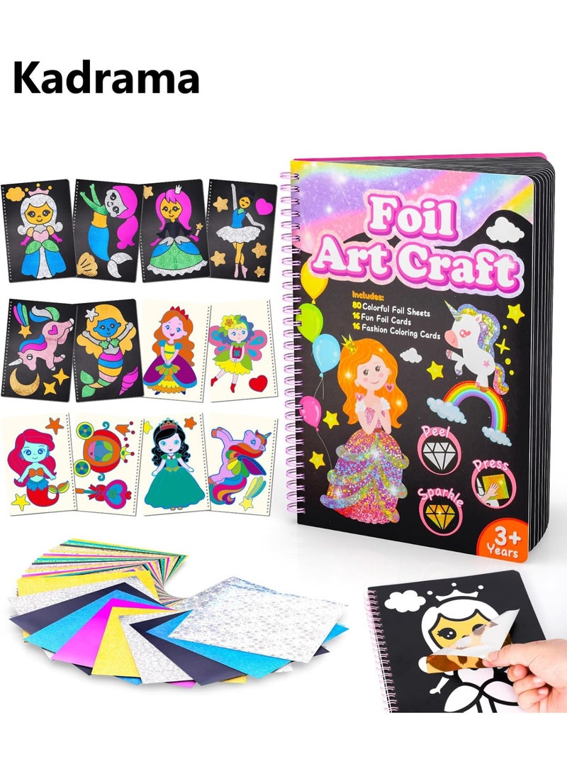 KADRAMA DIY Colouring Craft Set Stickers Children, Foil Art Glitter Foil Fun Art Princesses Craft Activity, Scratch Pictures - Image 1