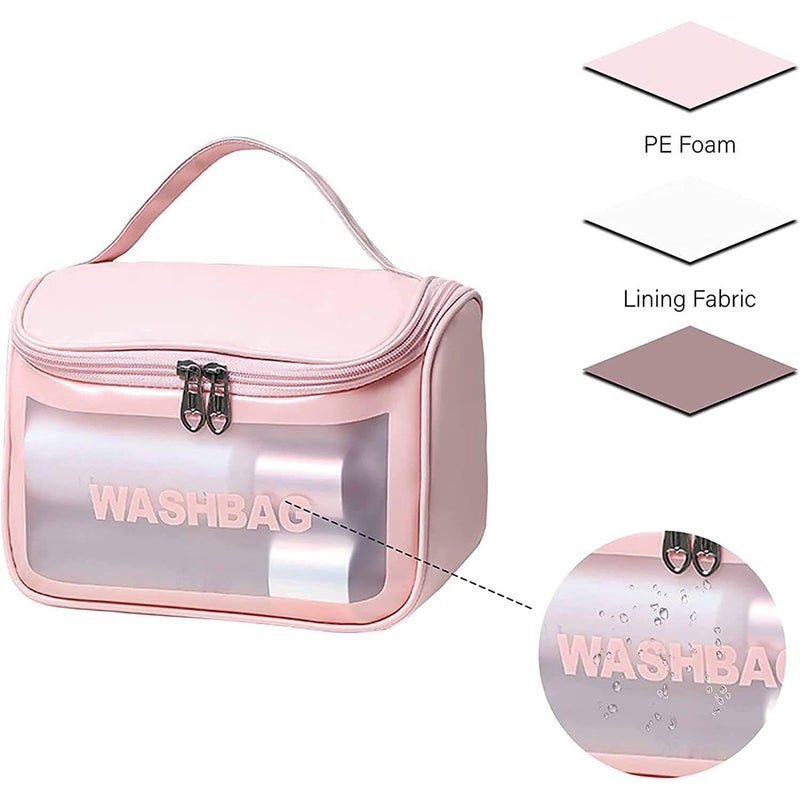 Senvox Portable Waterproof Cosmetic Wash Bag with Handle Large Capacity Travel Toiletry Organizer with Zipper Transparent Front - Image 4