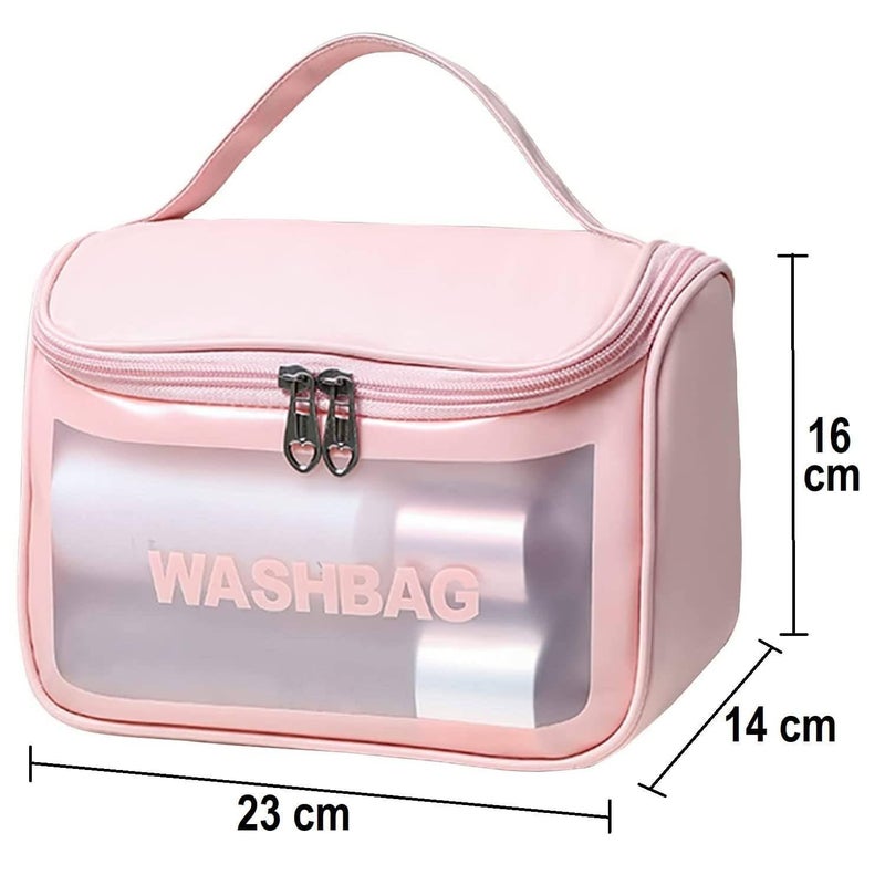 Senvox Portable Waterproof Cosmetic Wash Bag with Handle Large Capacity Travel Toiletry Organizer with Zipper Transparent Front - Image 2