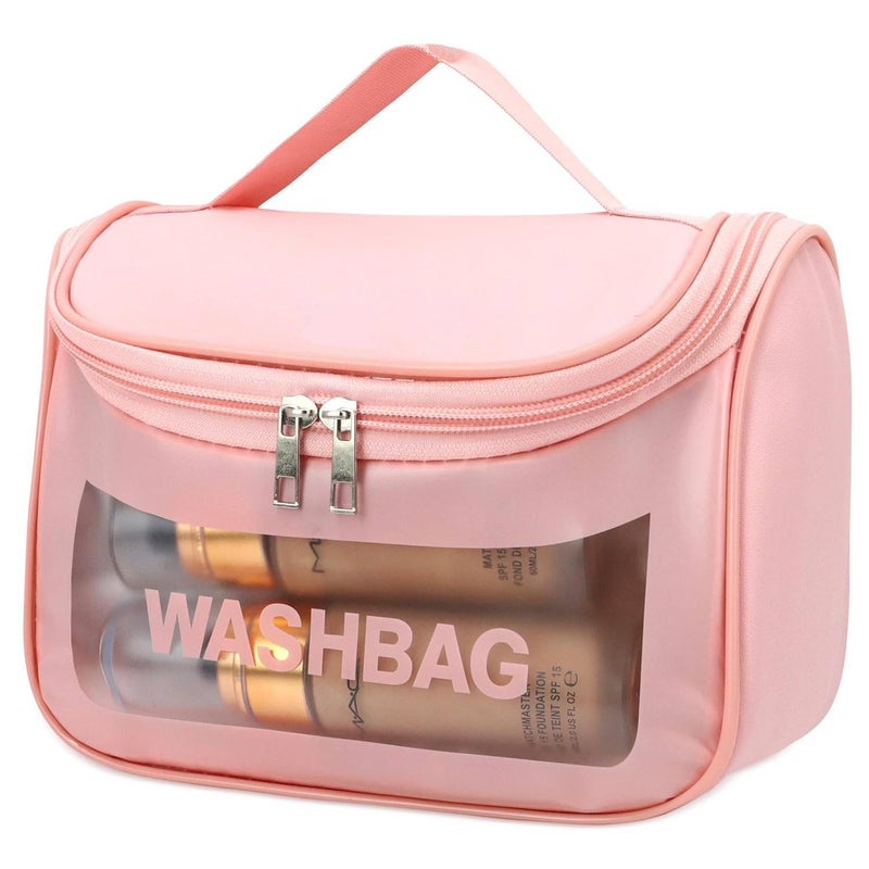 Senvox Portable Waterproof Cosmetic Wash Bag with Handle Large Capacity Travel Toiletry Organizer with Zipper Transparent Front - Image 1