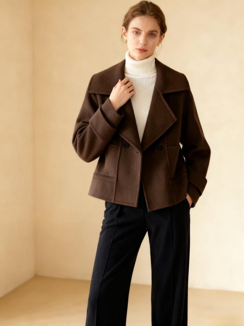 utcoco Womens Short Wool Pea Coat Notched Lapel Cropped Woolen Trench Coat with Pockets (Small, Coffee) - Image 3