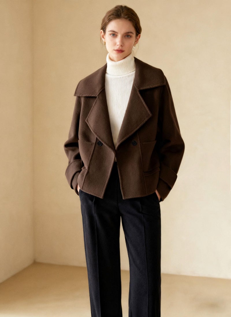 utcoco Womens Short Wool Pea Coat Notched Lapel Cropped Woolen Trench Coat with Pockets (Small, Coffee) - Image 2