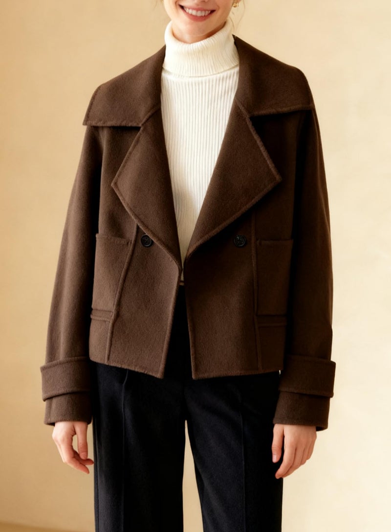 utcoco Womens Short Wool Pea Coat Notched Lapel Cropped Woolen Trench Coat with Pockets (Small, Coffee) - Image 5