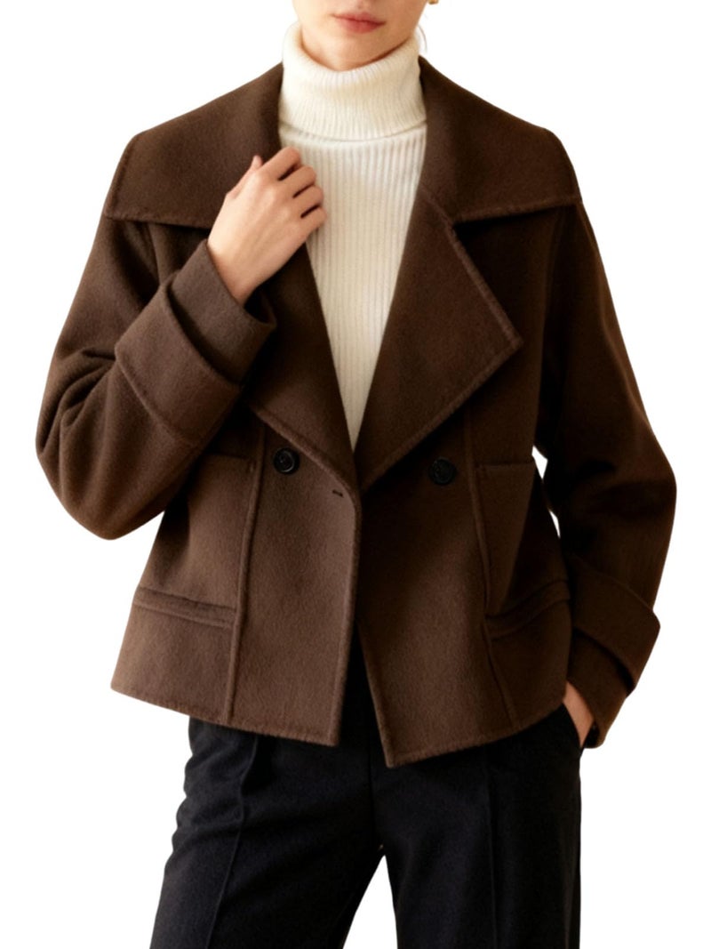 utcoco Womens Short Wool Pea Coat Notched Lapel Cropped Woolen Trench Coat with Pockets (Small, Coffee) - Image 1