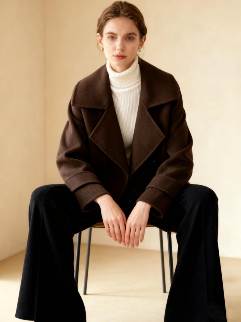 utcoco Womens Short Wool Pea Coat Notched Lapel Cropped Woolen Trench Coat with Pockets (Small, Coffee) - Image 4