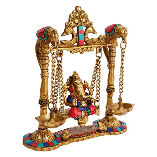 ARTVARKO Ganesh Jhula with Hanging Diya Brass Gemstone Handwork Ganesha Swing Statue Ganpati Jhoola Kirtimukha Idol Murti for Home Décor Office Mandir Gift 9 Inch - Image 3