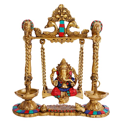 ARTVARKO Ganesh Jhula with Hanging Diya Brass Gemstone Handwork Ganesha Swing Statue Ganpati Jhoola Kirtimukha Idol Murti for Home Décor Office Mandir Gift 9 Inch - Image 2