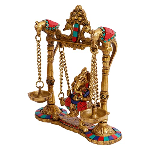 ARTVARKO Ganesh Jhula with Hanging Diya Brass Gemstone Handwork Ganesha Swing Statue Ganpati Jhoola Kirtimukha Idol Murti for Home Décor Office Mandir Gift 9 Inch - Image 4