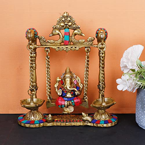 ARTVARKO Ganesh Jhula with Hanging Diya Brass Gemstone Handwork Ganesha Swing Statue Ganpati Jhoola Kirtimukha Idol Murti for Home Décor Office Mandir Gift 9 Inch - Image 1