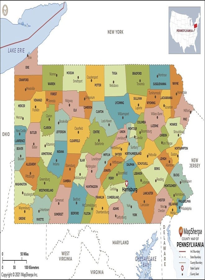 MapSherpa Pennsylvania Counties Map - Standard - 36" x 22" Laminated - Image 1