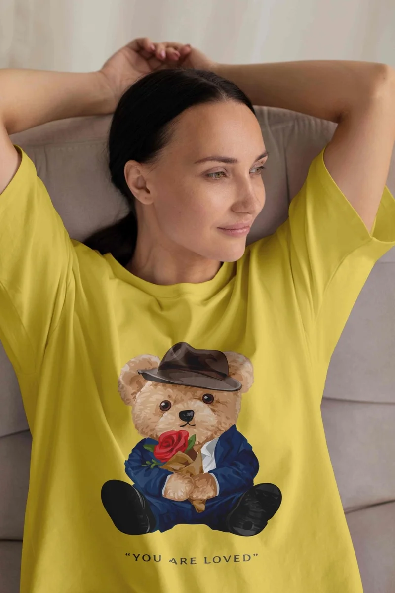 DogFish Teddy Jersey T-Shirt - Yellow Printed Oversize Crew Neck Short Sleeve T-Shirt