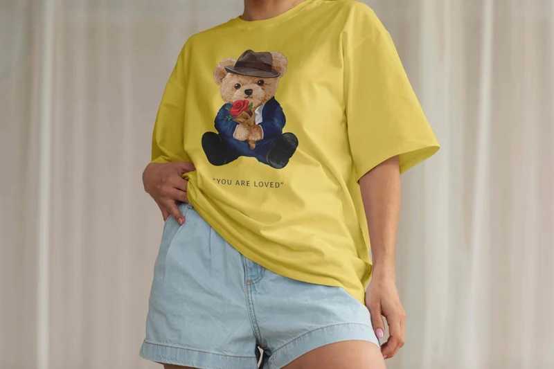 DogFish Teddy Jersey T-Shirt - Yellow Printed Oversize Crew Neck Short Sleeve T-Shirt