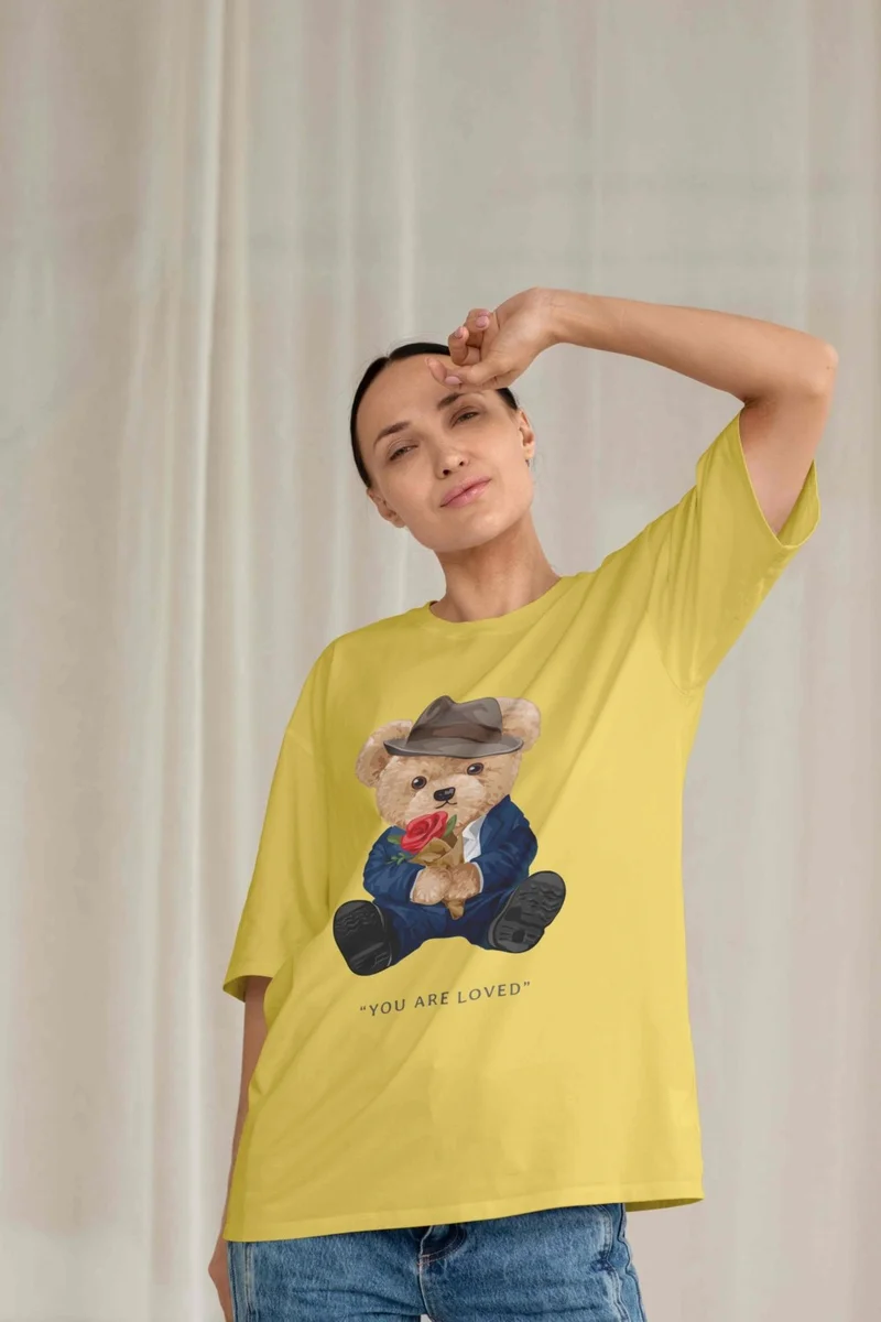 DogFish Teddy Jersey T-Shirt - Yellow Printed Oversize Crew Neck Short Sleeve T-Shirt
