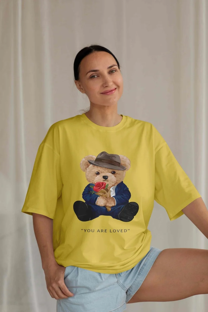 DogFish Teddy Jersey T-Shirt - Yellow Printed Oversize Crew Neck Short Sleeve T-Shirt