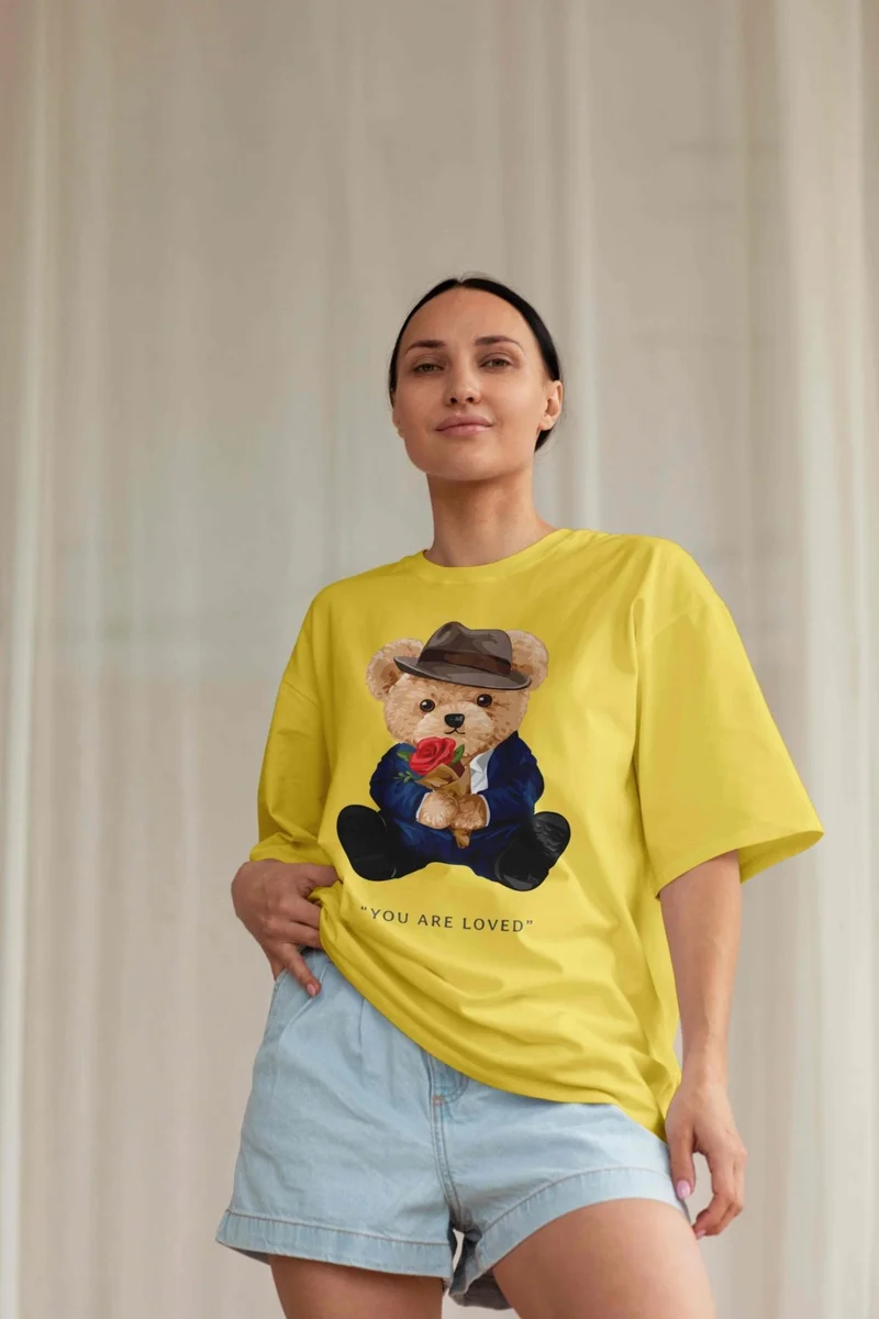 DogFish Teddy Jersey T-Shirt - Yellow Printed Oversize Crew Neck Short Sleeve T-Shirt