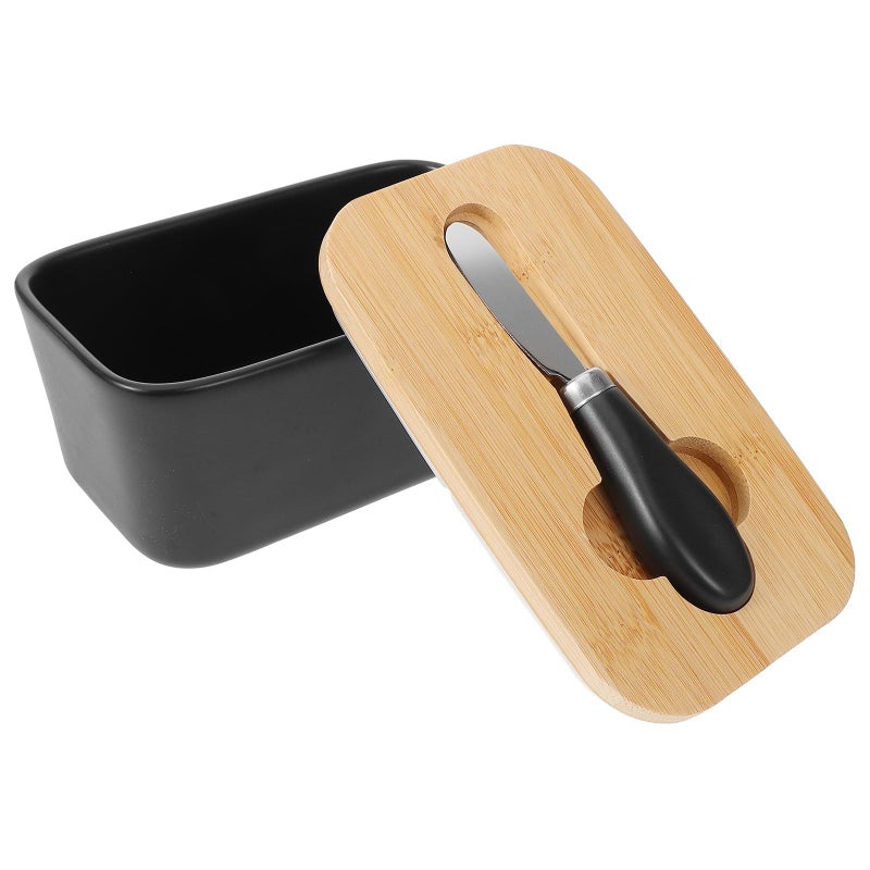 Black Rectangular Ceramic Butter Dish with Lid and Knife - Image 2