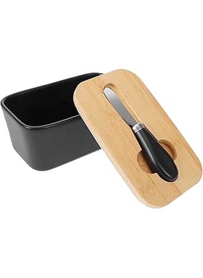 Black Rectangular Ceramic Butter Dish with Lid and Knife - Image 1