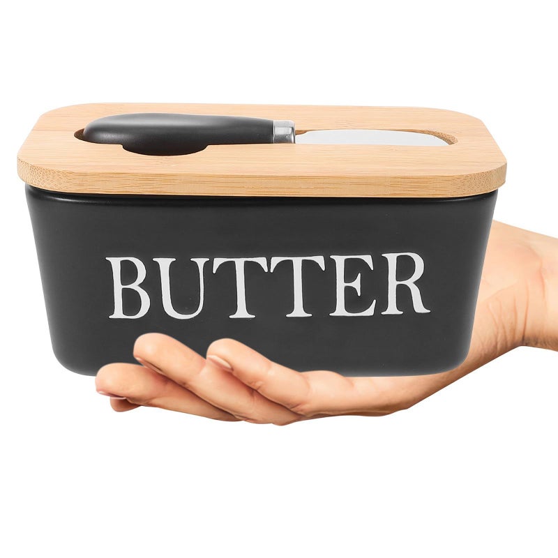 Black Rectangular Ceramic Butter Dish with Lid and Knife - Image 5