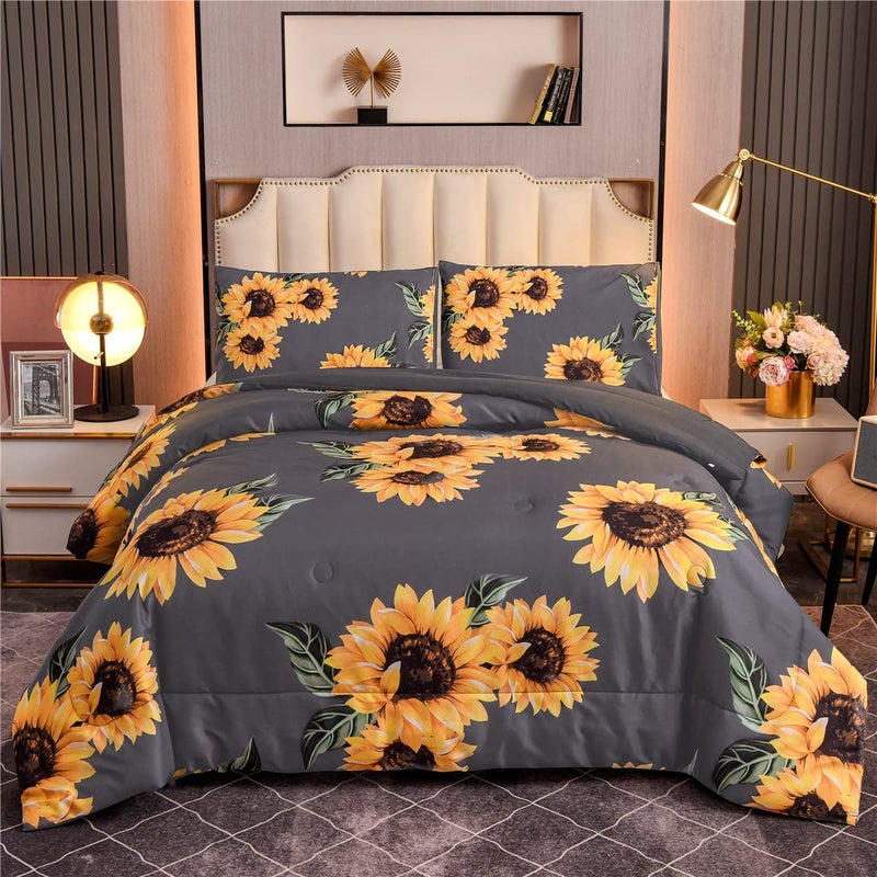 NTBED NTBED Sunflowers Comforter Set Queen Yellow Floral Botanical 3Pieces Microfiber Bedding Quilt for Girls Teens Grey Queen 