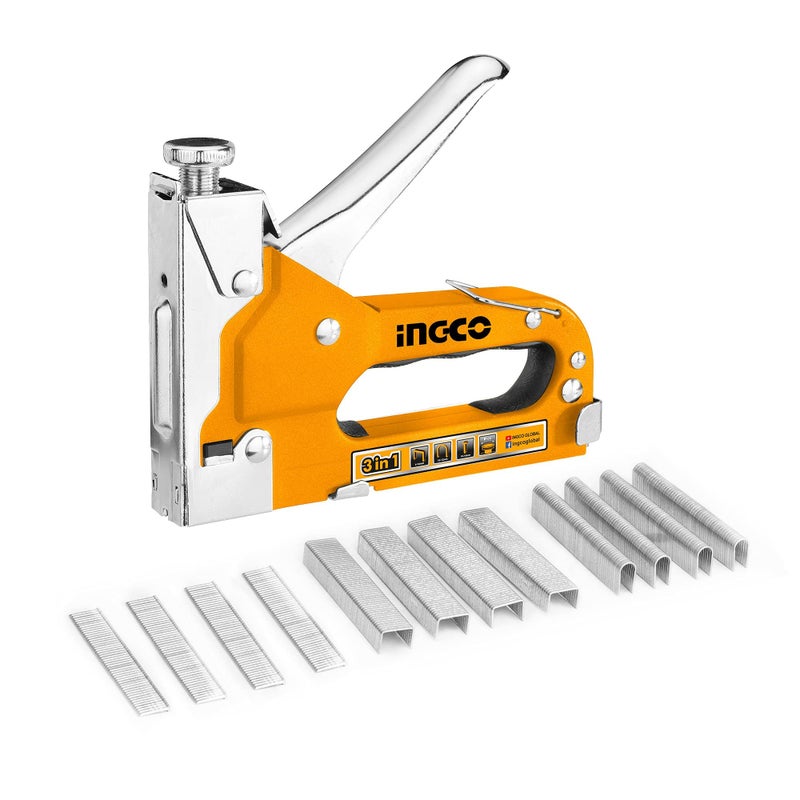 INGCO 3 in 1 Staple Nail Steel Gun Kit with 600 Staples, Manual Staple Gun for Upholstery, Fixing Material, Decoration, Carpentry, Furniture