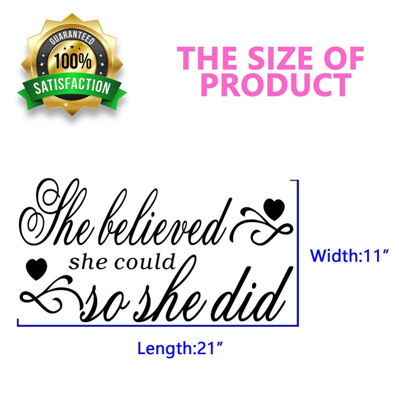 SEATUNE Wall Decals for Women, She Believed She Could so She Did Wall Art, Bedroom Quotes Inspirational Girls Woman Family Living Room Office Gym kitchen Bathroom, Ladies Boss Work Yoga Sports Running Dance Positive, Beauty Salon Make Up Store Sayings Words Life Signs Vinyl Art Decor Home Stickers 21"X11" - Image 4