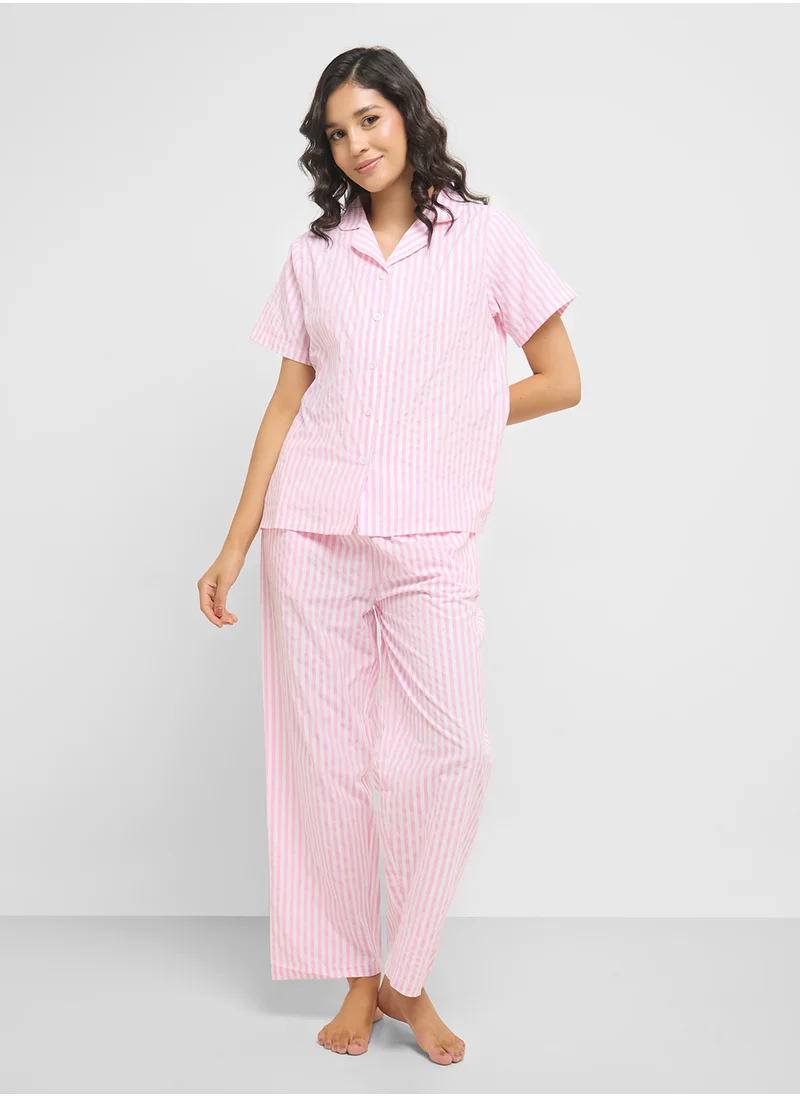 جينجر Cotton Stripe Shirt & Pyjama  Set