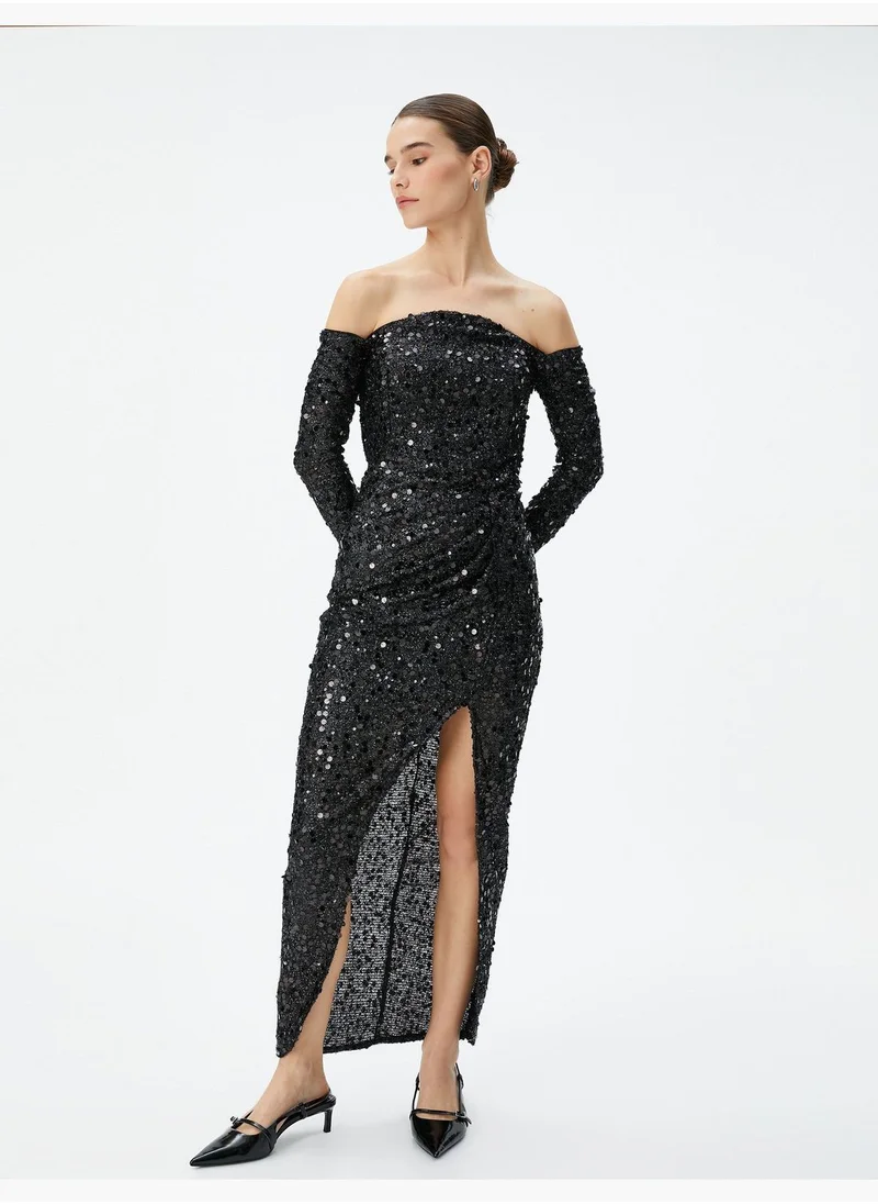 KOTON Sequined Maxi Party Dress Shoulder Off Long Sleeve Slit Detail