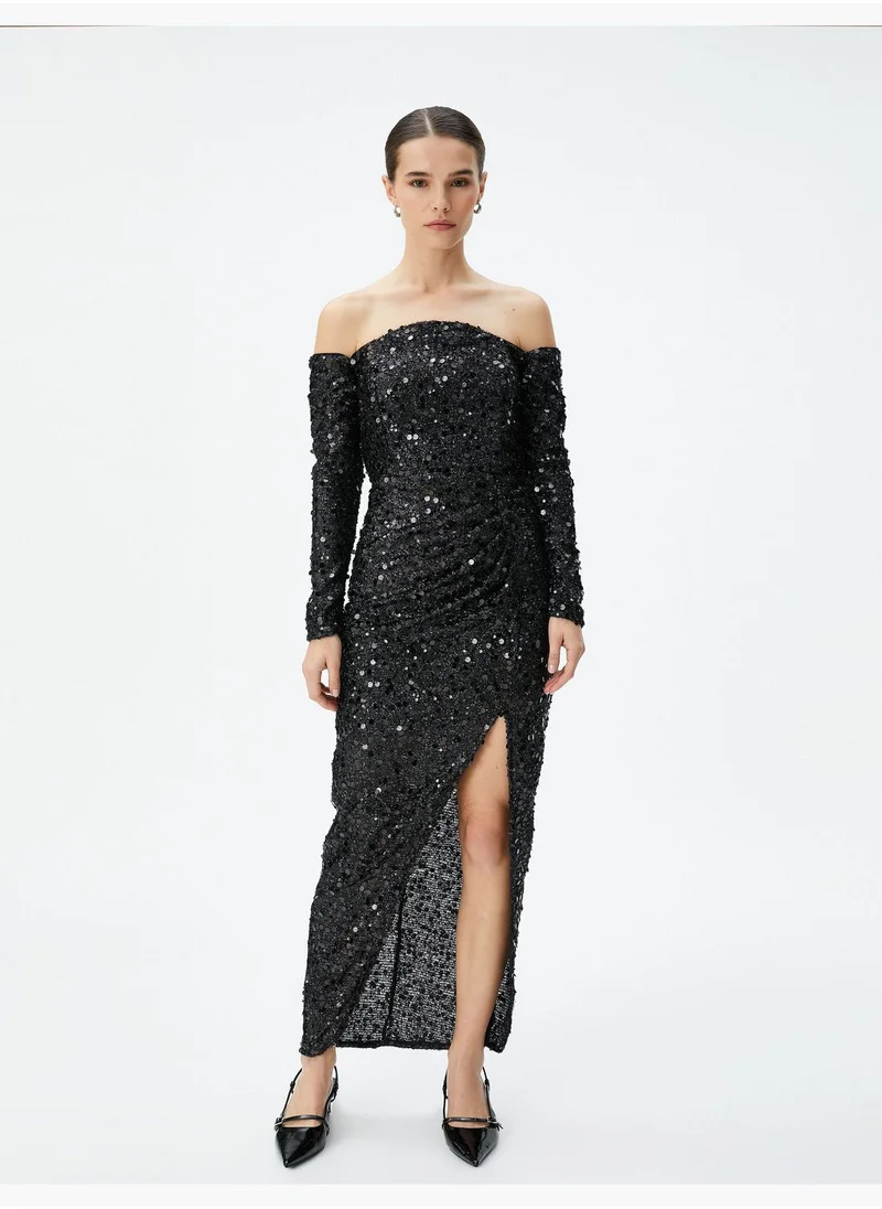 KOTON Sequined Maxi Party Dress Shoulder Off Long Sleeve Slit Detail