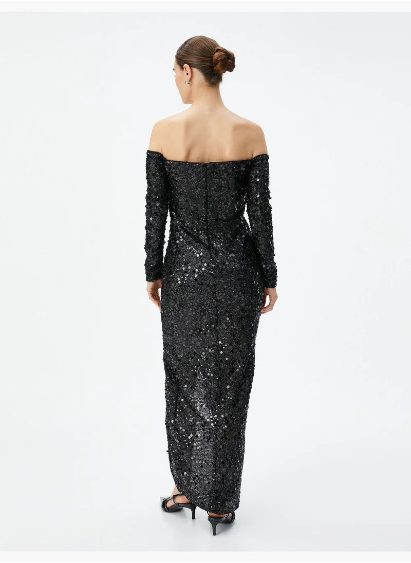 KOTON Sequined Maxi Party Dress Shoulder Off Long Sleeve Slit Detail