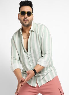 Instafab Plus Men's Sage Green & White Contrast Club Striped Shirt  - Image 1