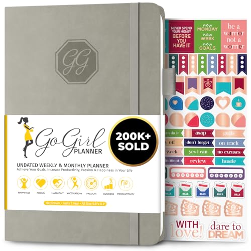 GoGirl Planner and Organizer for Women A5 Size Weekly Planner Goals Journal Agenda to Improve Time Management Productivity Live Happier Undated Start Anytime Lasts 1 Year Gray